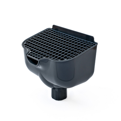 Proper Hopper Grey – Rainwater Hopper Head (65mm / 68mm) Roof-level rainwater hopper head, conductor head, leader head, or scupper box that's designed to maintain water flow under blockage, provide visible overflow warning, and protect the building from sustained hidden water damage.